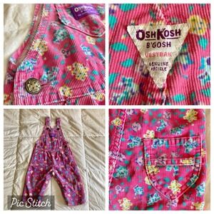 Vtg 90s OshKosh B'Gosh USA Made Floral Corduroy Vestbak Overalls Size 24mo Pink